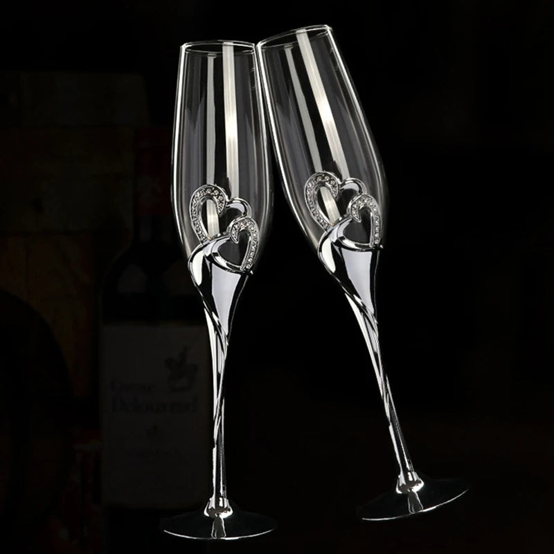 2Pcs 400ml Wedding Champagne Glass Set Toasting Flute Glasses with Crystal Rimmed Hearts Decor Drink Goblet Cup