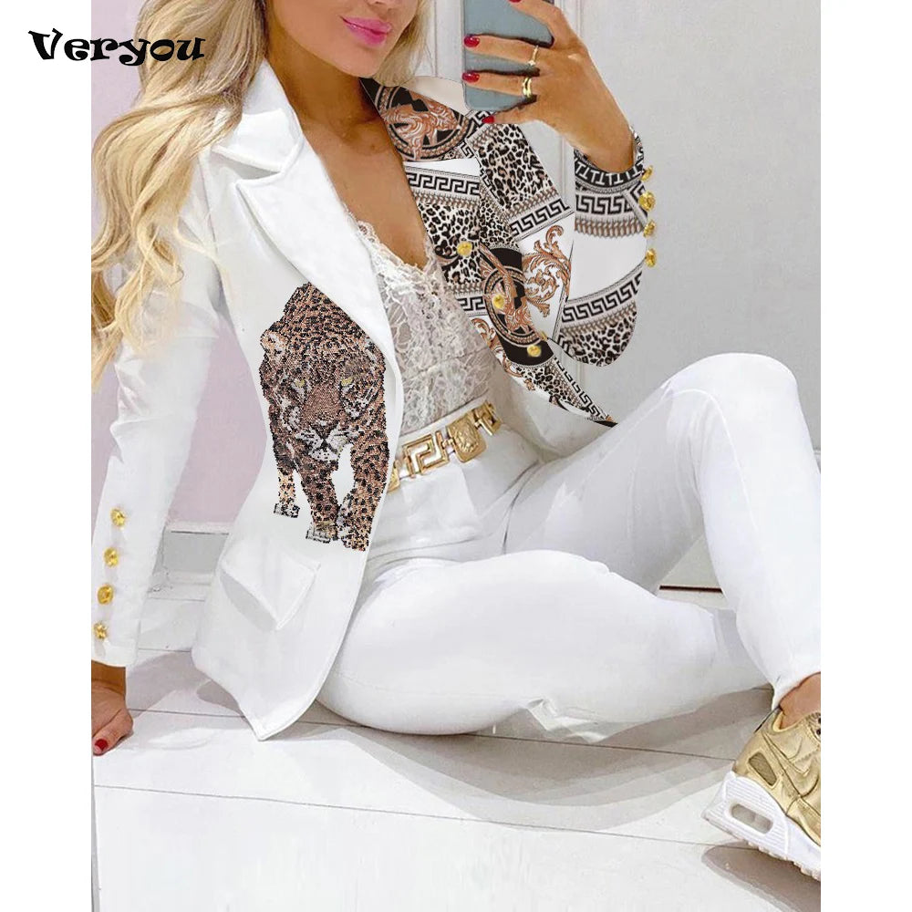 Two Piece Set Women Clothes For Ladies Outfits Lapel Collar Double Breasted Blazer Suit Pants Set Tiger Head Print Suit