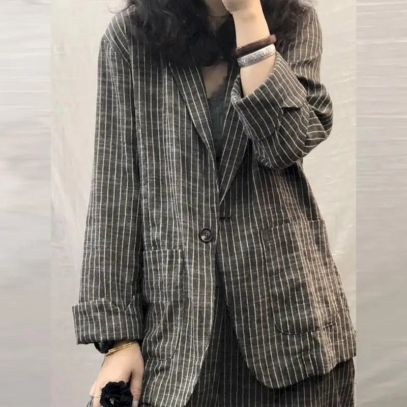 2024 Spring Autumn Women Suit Large Size Casual Suits Fashion Art Retro Loose 2 Piece Set Women Suit Blazer And Pants Linen Set