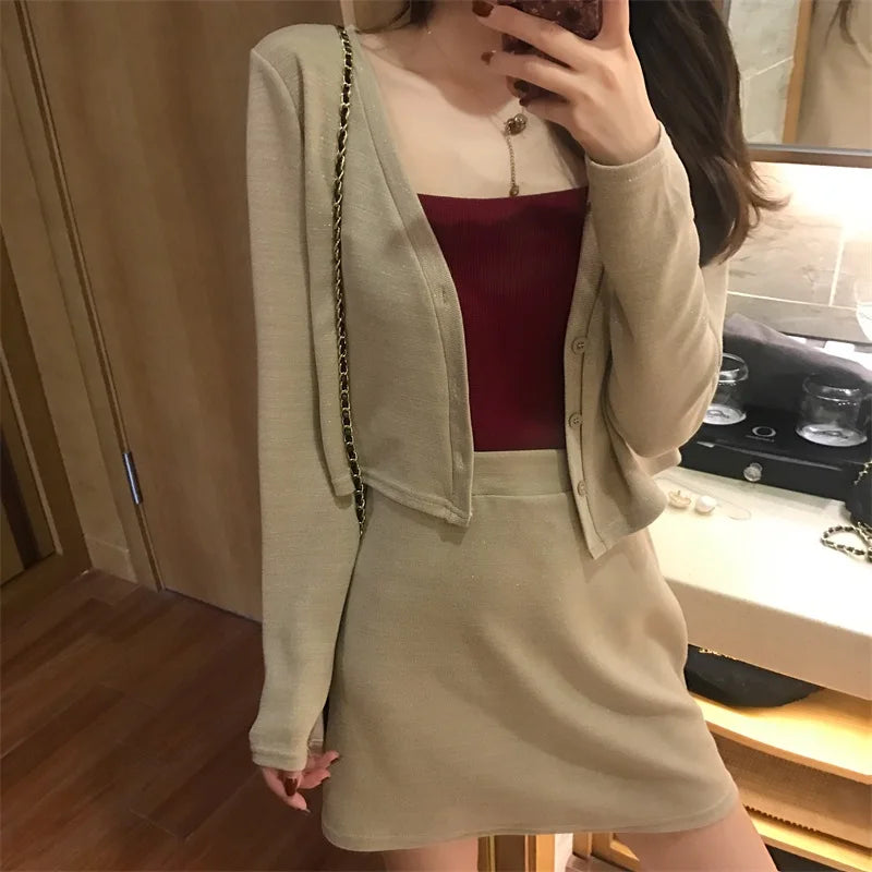 2021 Autumn Women Sweater Skirt Suit Casual Knitted Female Mini Skirts Suits Ladies 2 Piece Set Cardigan Coat Jacket Skirt Sets