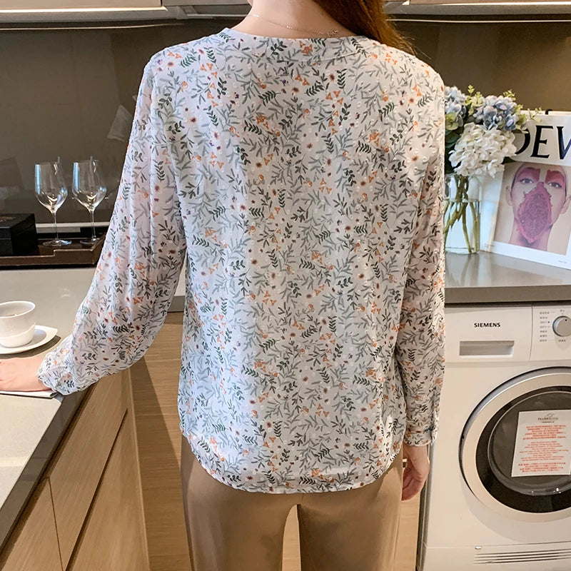 New elegant flower printing shirts for ladies Fashion V-neck Women's chiffon Blouses Spring Autumn Long Sleeve Tops Blusas Mujer