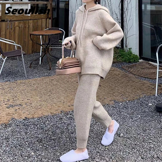 Seoulish 2021 New Autumn Winter 2 Pieces Women's Sets Knitted Tracksuit Hooded Sweater and Harem Jogging Pant Pullover Suits