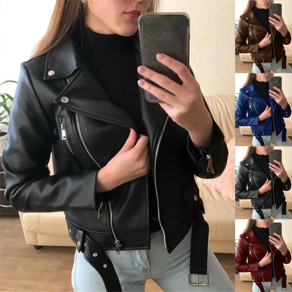 Solid Color Lady Faux Leather Jacket Autumn Winter biker Jacket Women Waterproof Leather Coat veste femme кожаная куртка женская