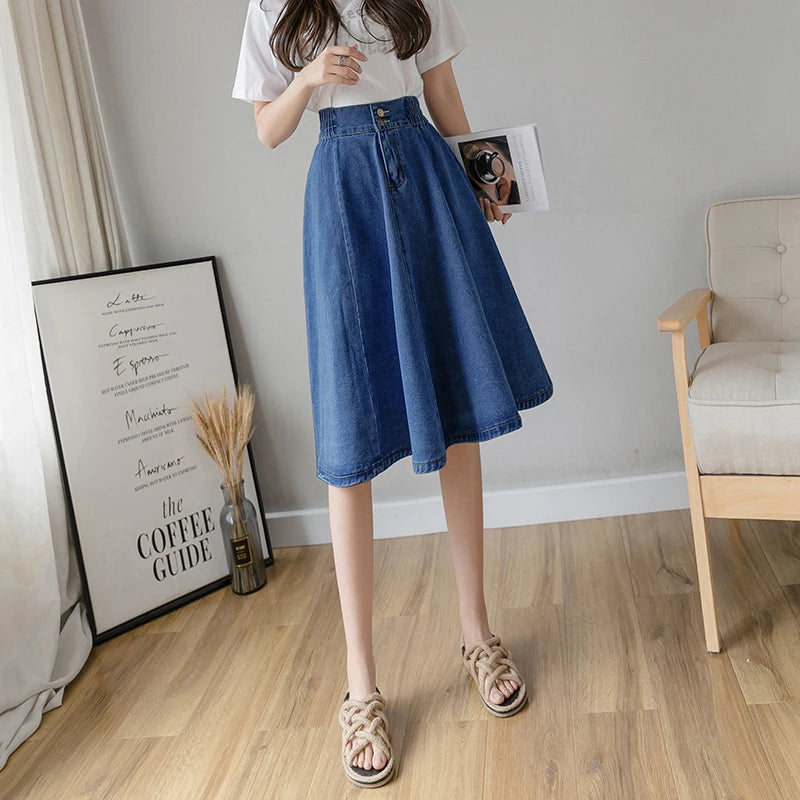 Vintage Elastic High Waist Ladies Denim Skirt New Spring Summer Streetwear Big swing Saia Midi Button A-line Women Jeans Skirts
