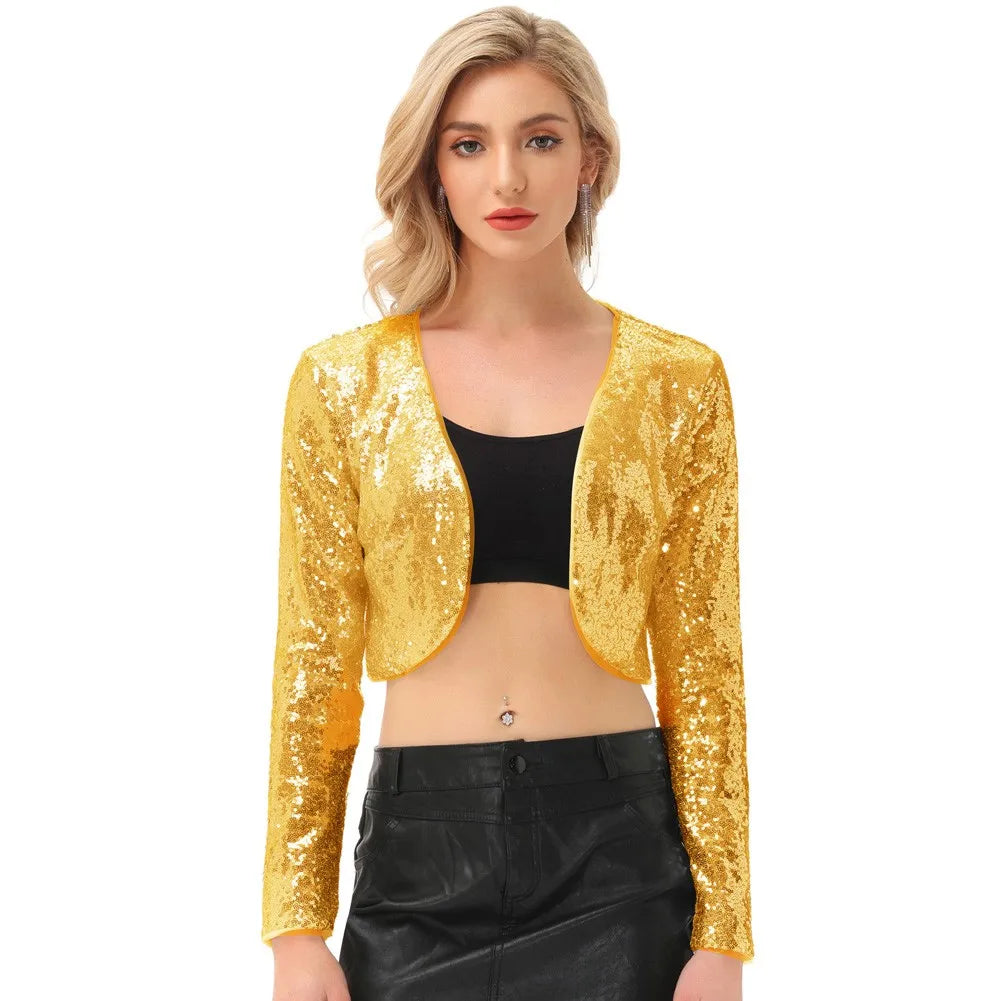 Women's Shining Coats Spring Fall Tops And Clothing Sequined Long Sleeve Cropped Length Open Front Bolero Lady Sexy Slim Shrug