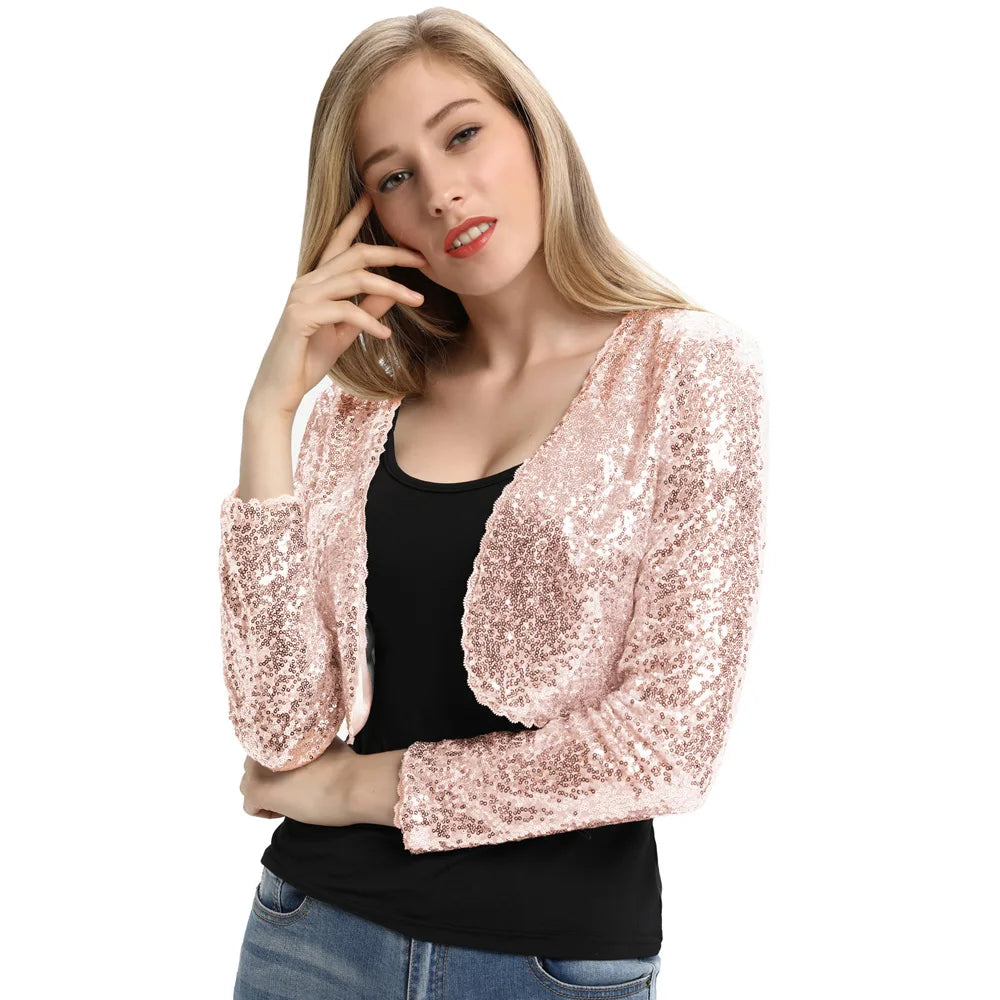 Women's Shining Coats Spring Fall Tops And Clothing Sequined Long Sleeve Cropped Length Open Front Bolero Lady Sexy Slim Shrug