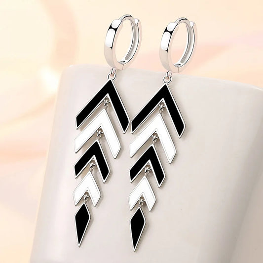 KOFSAC Trendy Chic Black White Arrow Long Tassel Hoop Earrings For Women 925 Sterling Silver Earring Lady Party Jewelry Gifts