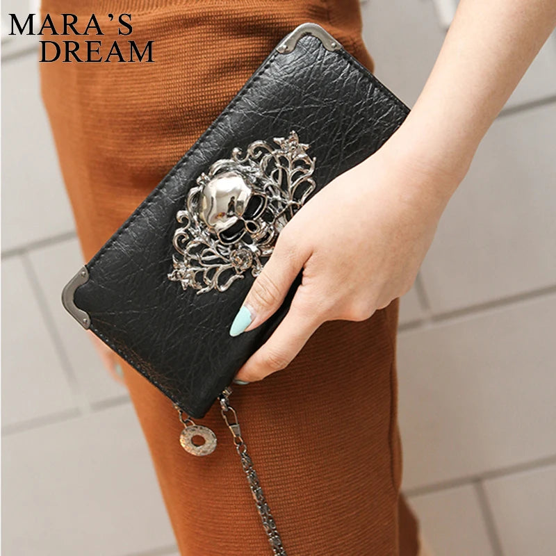 Mara's Dream Long Wallets Fashion Metal Skull Pattern PU Leather Women Wallets Portable Casual Lady Cash Purse Card Holder  Gift