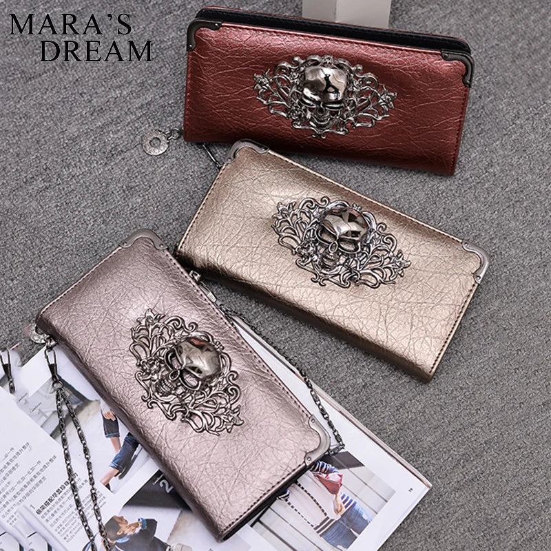 Mara's Dream Long Wallets Fashion Metal Skull Pattern PU Leather Women Wallets Portable Casual Lady Cash Purse Card Holder  Gift