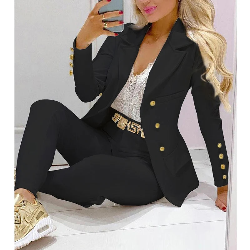 Two Piece Set Women Clothes For Ladies Outfits Lapel Collar Double Breasted Blazer Suit Pants Set Tiger Head Print Suit