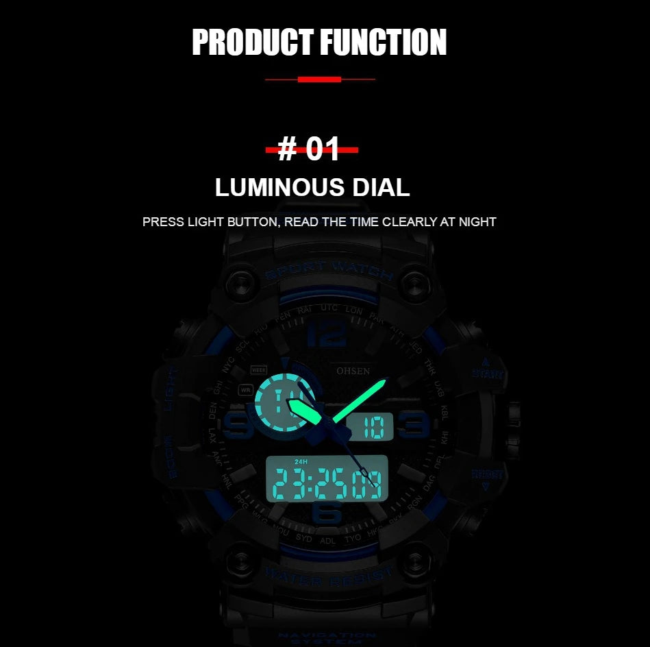 Fashion Quartz Digital Men Watch Dual time Army Green Sport Man Wristwatches reloj hombre Waterproof Led Male Diver Watches Gift