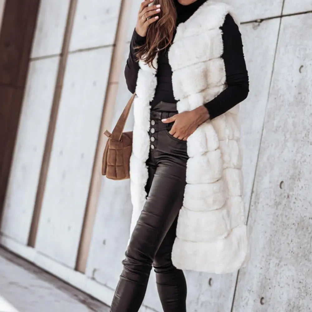 2021 Women Vest Coat Faux Fur Horizontal Stripe Open Stitch Long Winter Jacket Sleeveless Solid Round Neck Thick Outerwear Daily