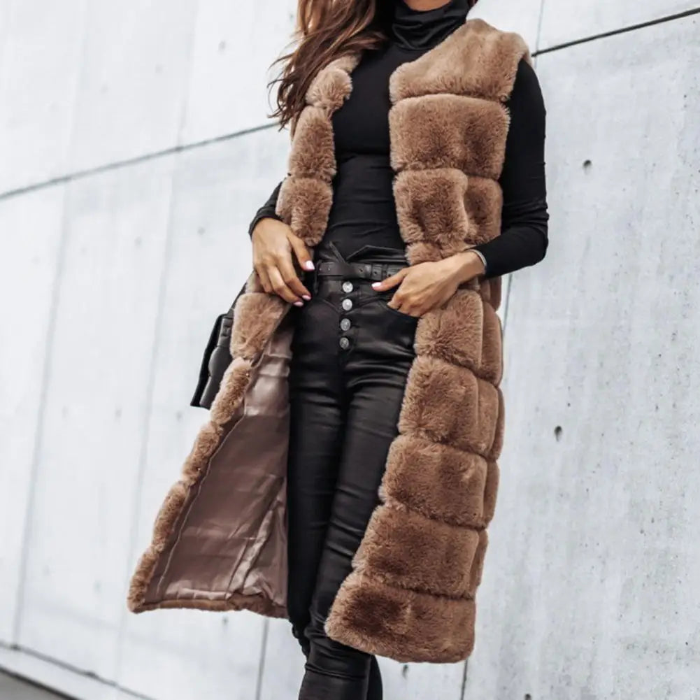 2021 Women Vest Coat Faux Fur Horizontal Stripe Open Stitch Long Winter Jacket Sleeveless Solid Round Neck Thick Outerwear Daily