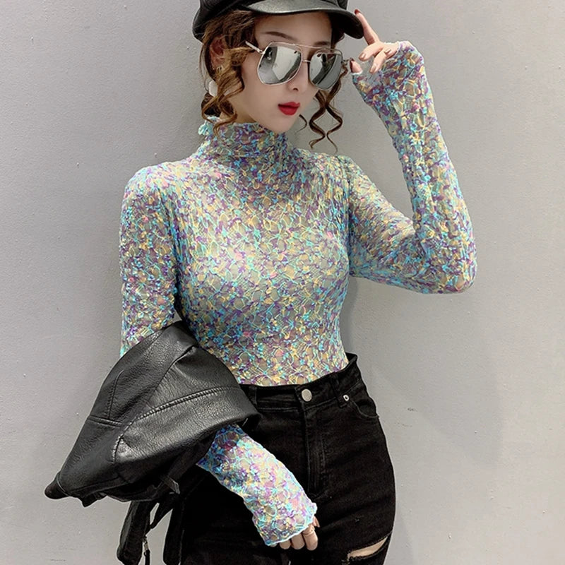 Women Sexy Transparent Print Blouses 2024 Fashion Long Sleeve Casual Ladies Tops Korean Clothing Elegant Summer Blouse Oversized