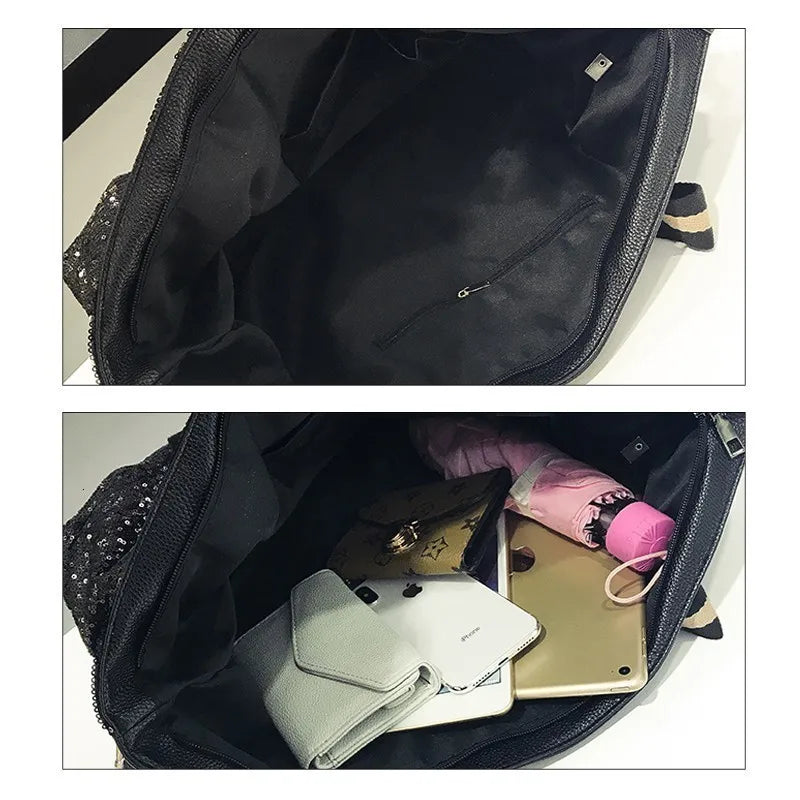 Casual Women Bling Sequins Shoulder Bags Big Capacity Female Handbag For Lady Travel Large Tote Letter Printed Crossbody Bags