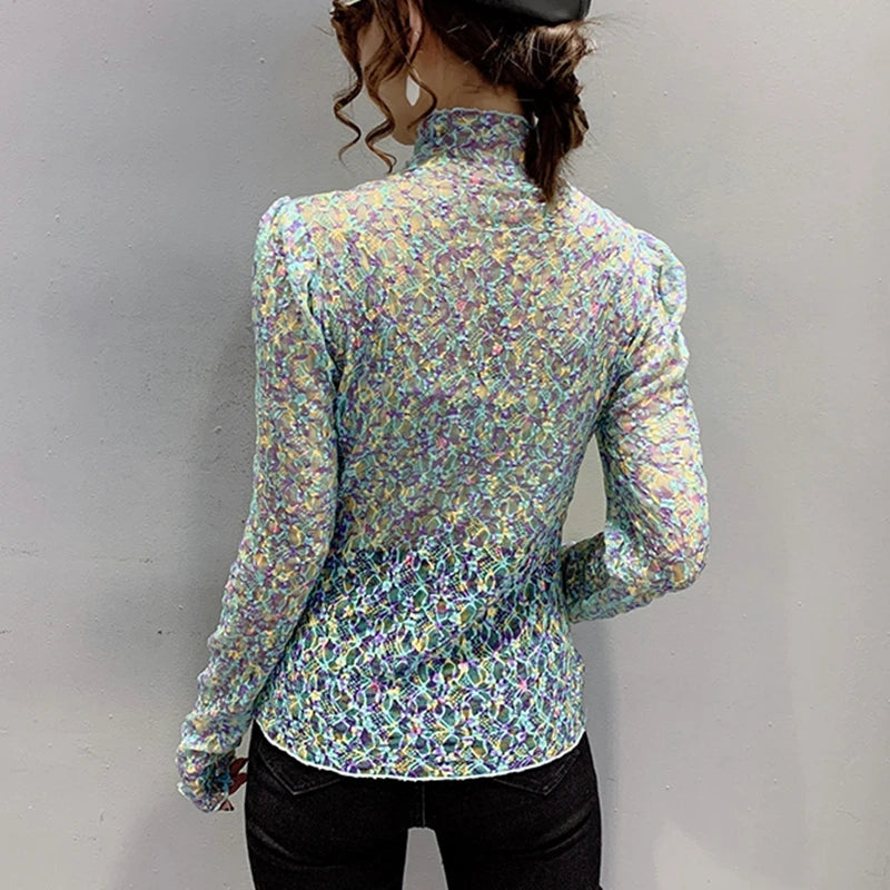 Women Sexy Transparent Print Blouses 2024 Fashion Long Sleeve Casual Ladies Tops Korean Clothing Elegant Summer Blouse Oversized