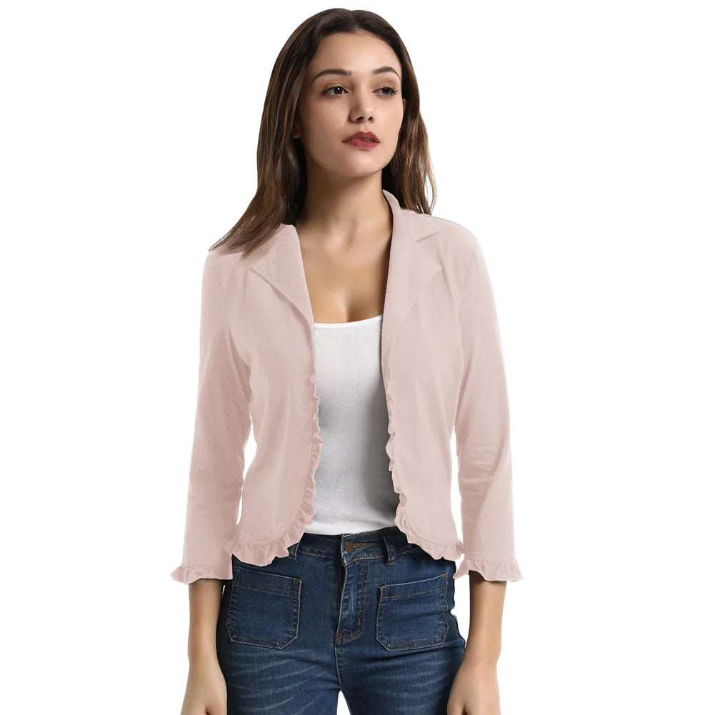 Women's Casual Coats Spring Fall Tops Solid Lapel Collar Open Front Ruffled Cotton Shrug Formal Party Elegant Lady Bolero Coat