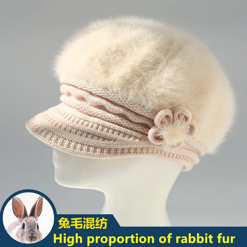 warm Girl Winter Autumn beret hat for women Wool knitted hat for mom Rabbit fur beret solid fashion lady cap fall hat Female cap