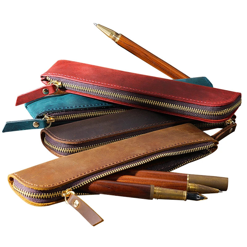 Portable Genuine Cowhide Pencil Case Retro Leather Pen Bag Storage Pouch for Pens Stationery Holder School Office Supplies