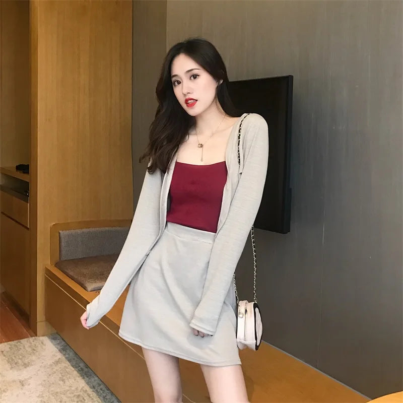 2021 Autumn Women Sweater Skirt Suit Casual Knitted Female Mini Skirts Suits Ladies 2 Piece Set Cardigan Coat Jacket Skirt Sets