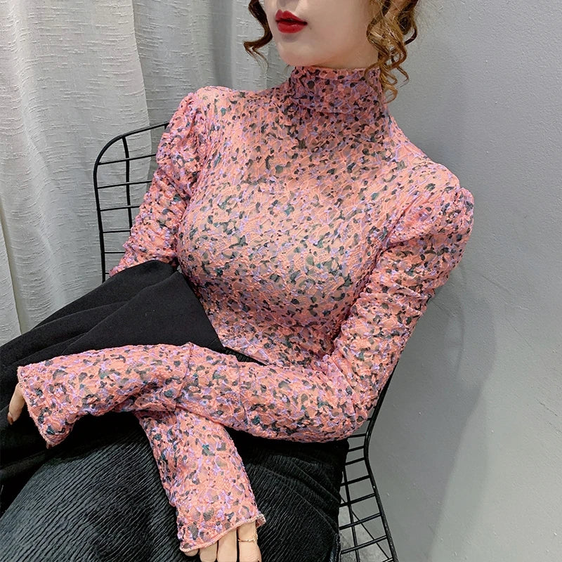 Women Sexy Transparent Print Blouses 2024 Fashion Long Sleeve Casual Ladies Tops Korean Clothing Elegant Summer Blouse Oversized