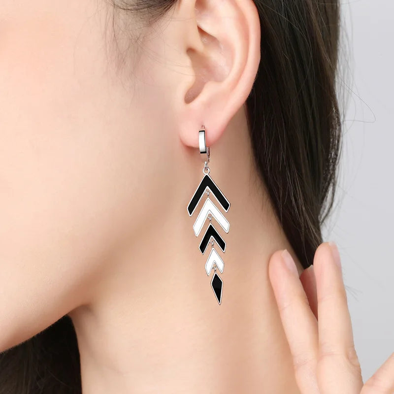 KOFSAC Trendy Chic Black White Arrow Long Tassel Hoop Earrings For Women 925 Sterling Silver Earring Lady Party Jewelry Gifts