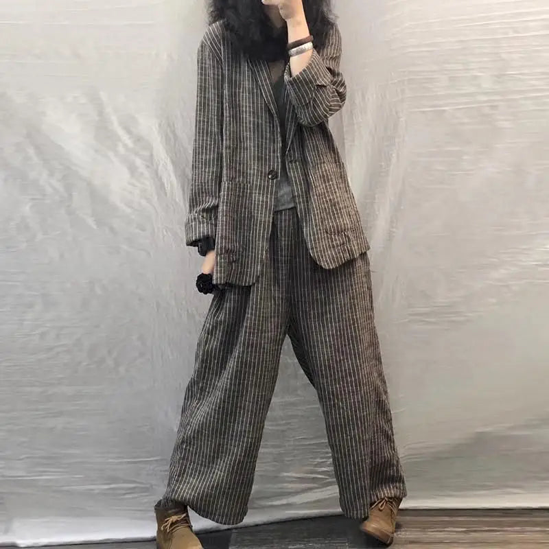 2024 Spring Autumn Women Suit Large Size Casual Suits Fashion Art Retro Loose 2 Piece Set Women Suit Blazer And Pants Linen Set