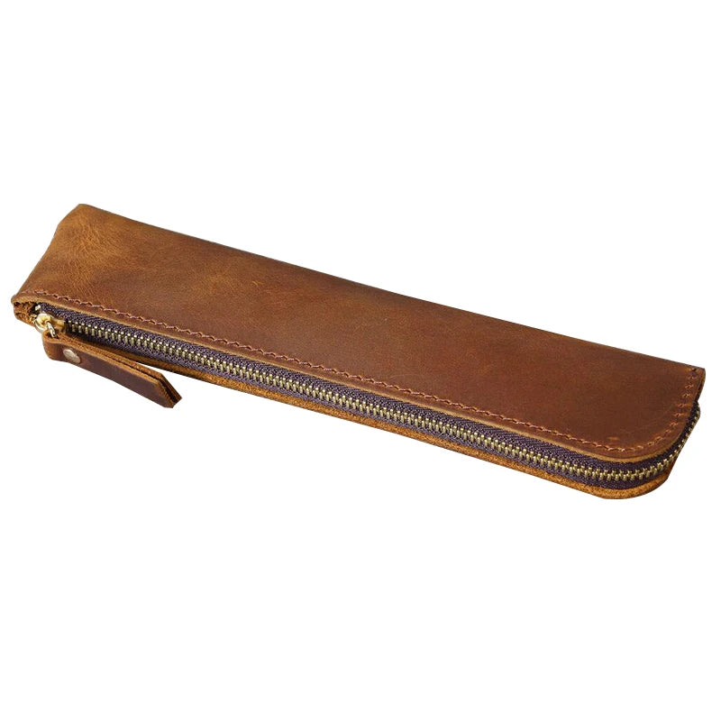 Portable Genuine Cowhide Pencil Case Retro Leather Pen Bag Storage Pouch for Pens Stationery Holder School Office Supplies