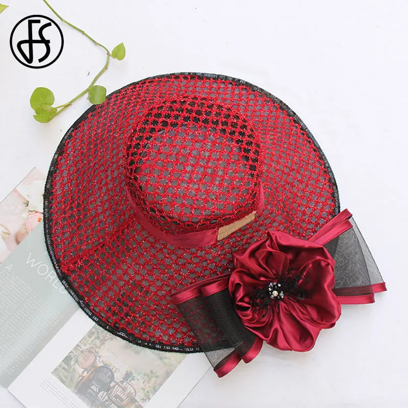 FS Fascinator Hats Wedding Bride Kentucky Derby Hats For Women Ladies Church Hat Flower Hats Large Wide Brim Fedora Organza Hat