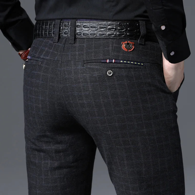 2021 New Men's Casual Plaid Pants Business Casual Slim Fit Black Blue Classic Style Elastic Trousers Male Brand Clothes