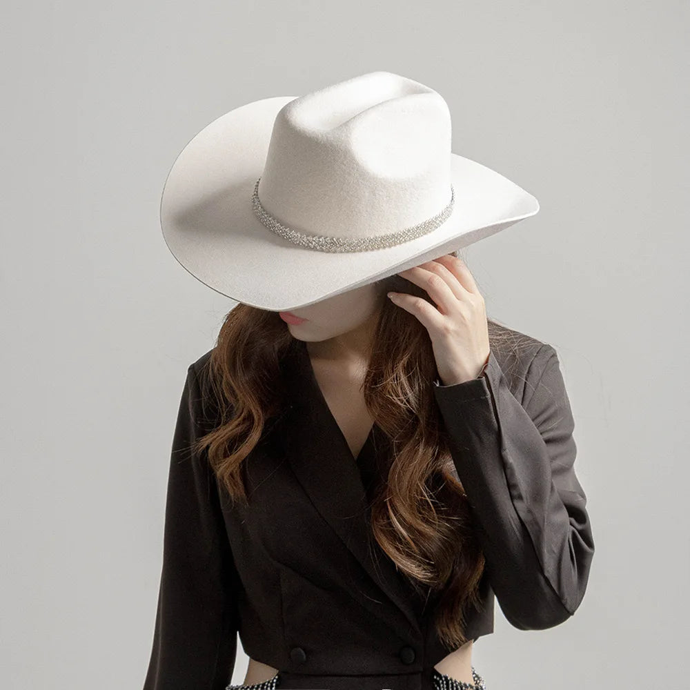 Hot Sell Fashion Elegant Wide Brim Wool Luxury Fedora Hat Fall Winter Warm White Cowboy Felt Hat Lady Panama Jazz Hat Wholesale