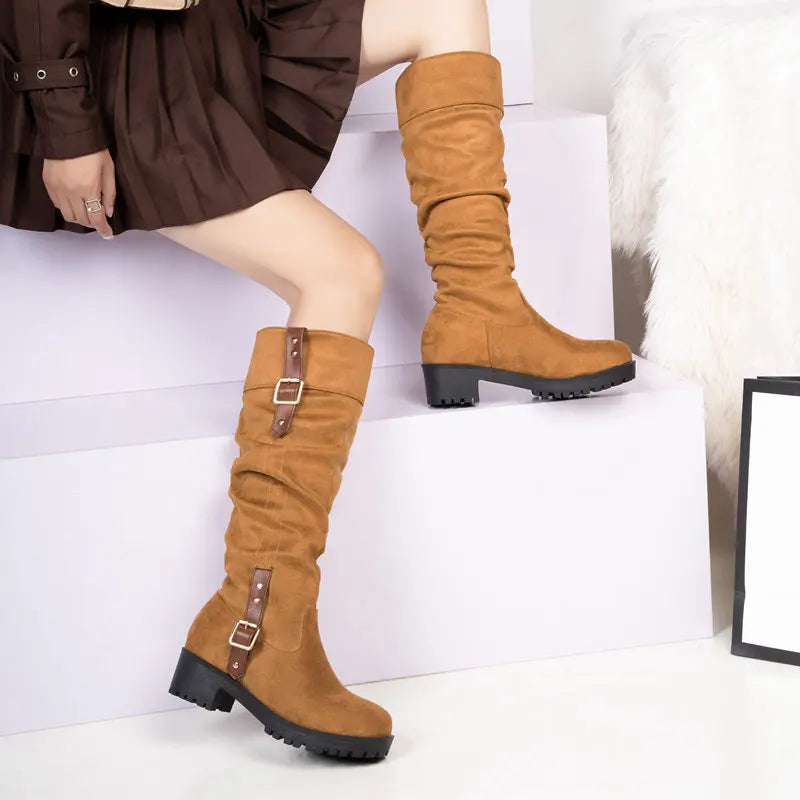 SIMLOVEYO Women Knee High Boots Round Toe Chunky Heels 5cm Flock Pleated Big Size 41 42 43 Daily Female Booty