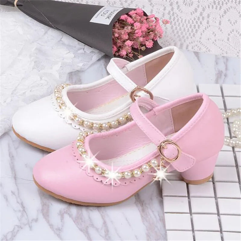 Princess Kids High Heels Shoes Kids Dress Party Leather Shoes Baby Girls Children's White Shoes Enfants Wedding for Girl