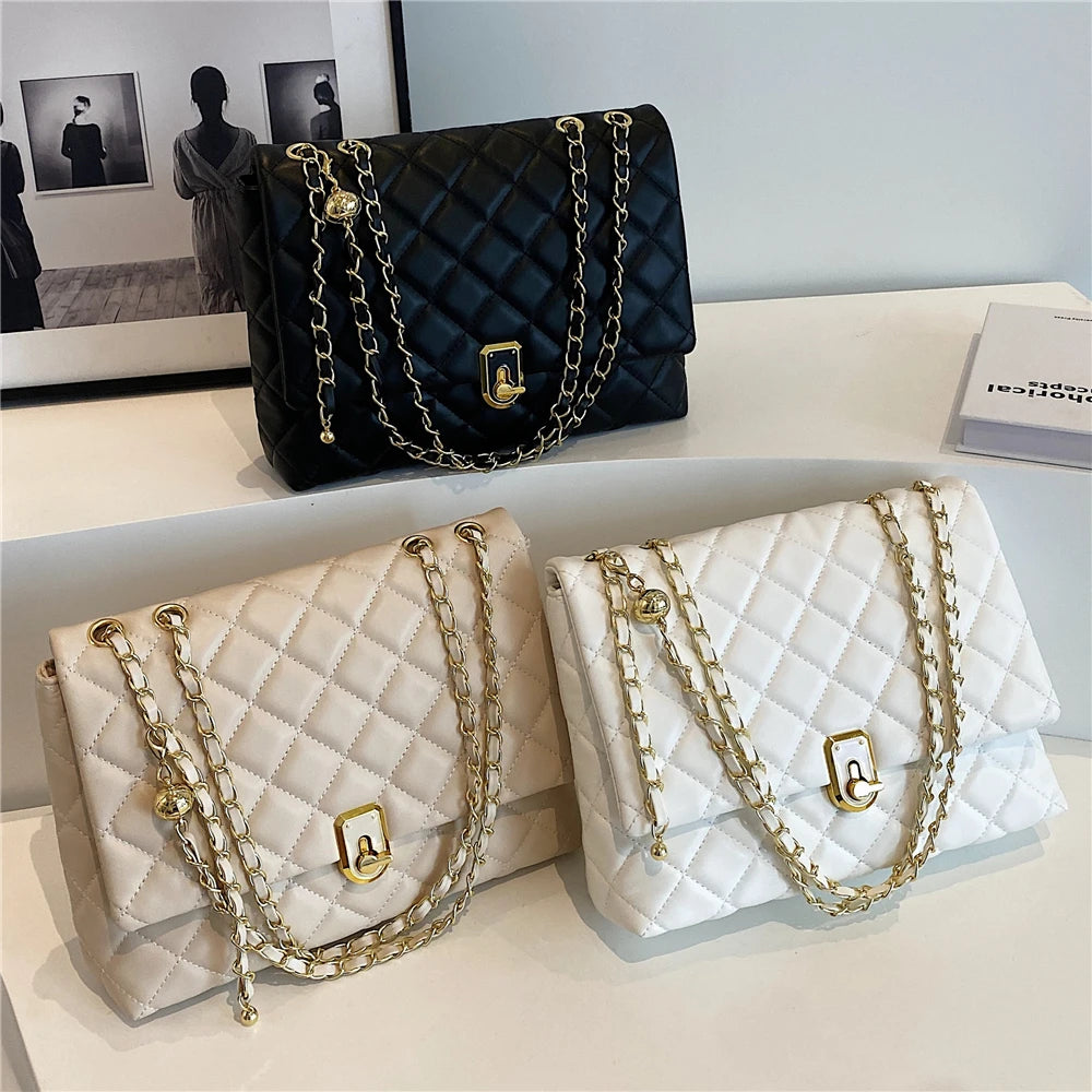 Hifashion Quilted PU Leather Double Chain Shoulder Bags For Women 2024 Trend Designer Crossbody Flap Ladies Handbags And Purses