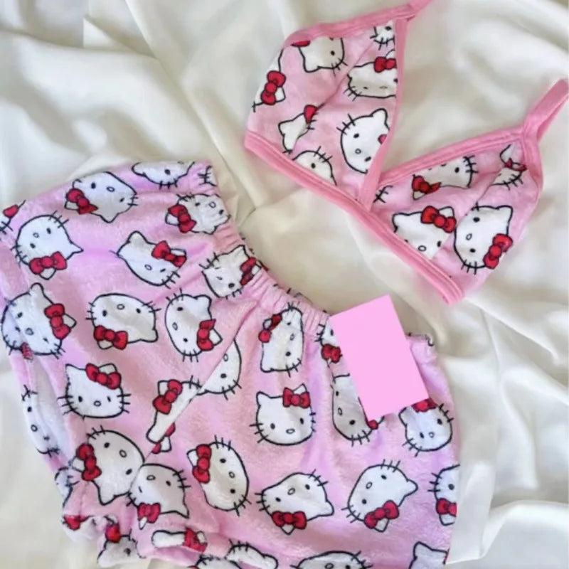 Kawaii Sanrio Hello Kitty Pajamas Set Cartoon Cute Y2K Women Flannel Pajama Pants Ladies Soft and Comfortable Home Slacks Gifts