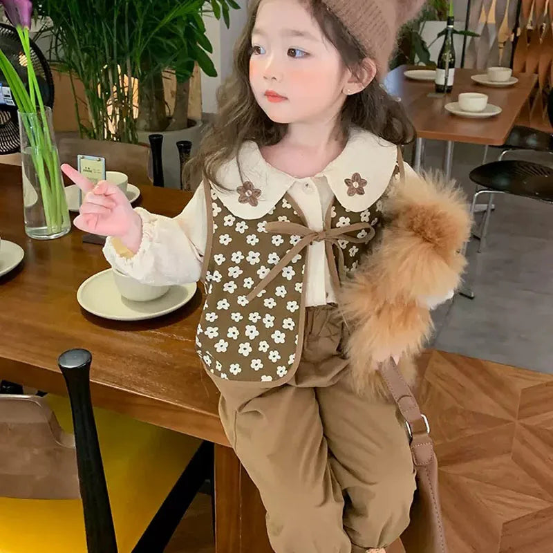 Clothing Sets Fall 2024 new girls' doll collar top +bloomers flower vest+pants three-piece set Girls Fashion Kids Outfit