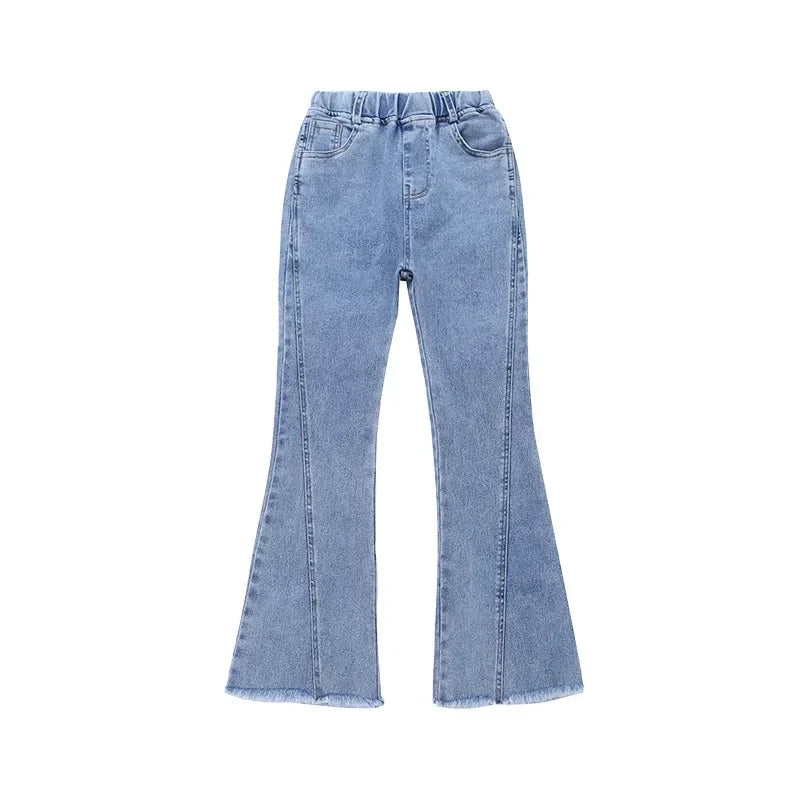 Fashion Patchwork Flared Jeans for Kids Girls Spring Autumn Elastic Waist Denim Pants Children Clothes Teen Baby Casual Trousers