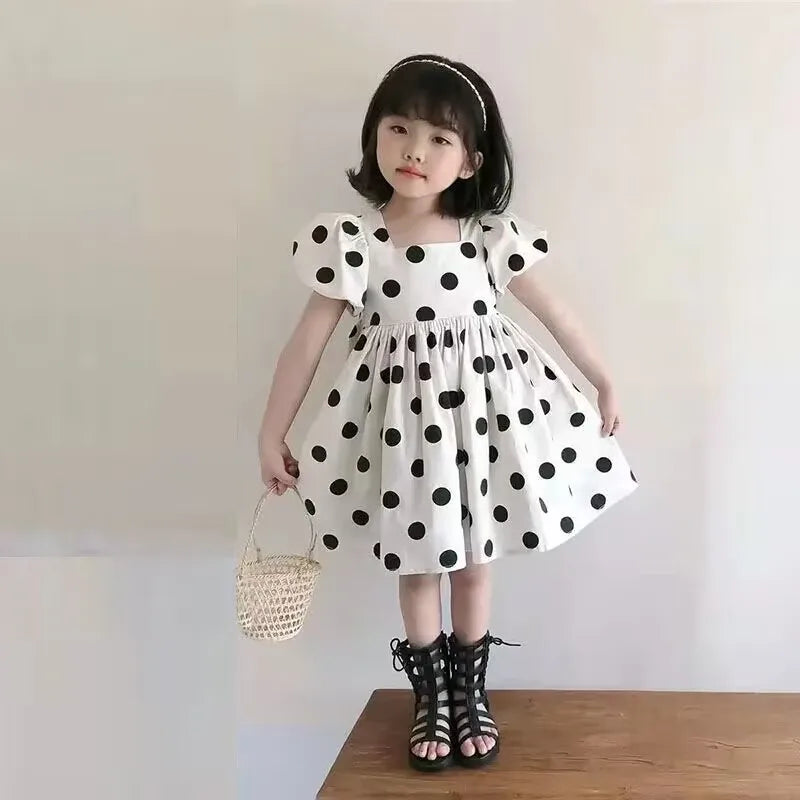 Girls' Summer Short Sleeve Dress New Polka Dot Korean Edition Children's Cute Bubble Sleeve Open Back Princess Dress