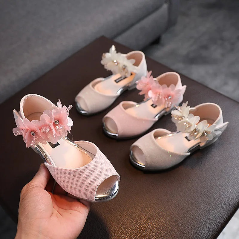 Baywell New Kids Summer Shoes Girls Paste Diamond Bowknot Children Princess Sandals Pearl Flower Girls Dance Flat Shoes