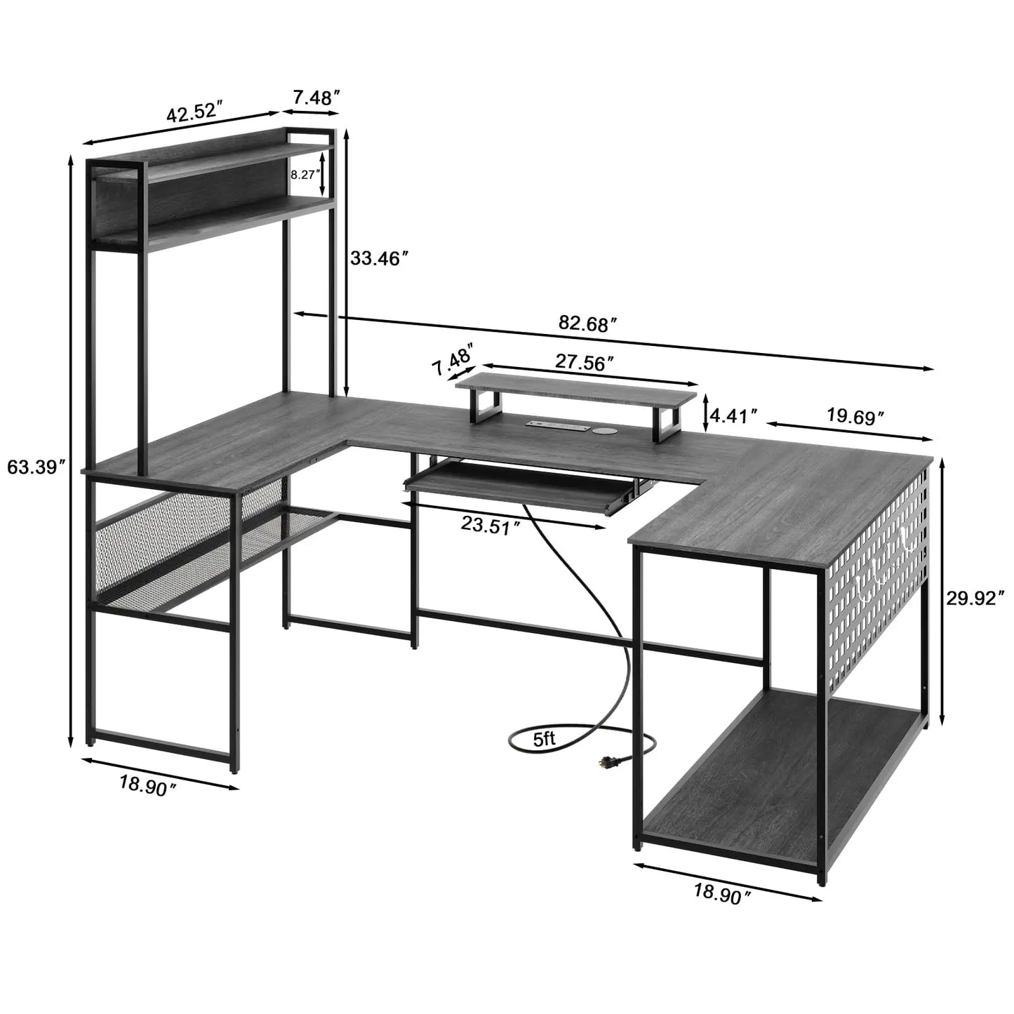 Vabches Computer Desk with Monitor Stand&LED Light Reversible Gaming Desk with Charging Station&Storage Shelves for Home Office