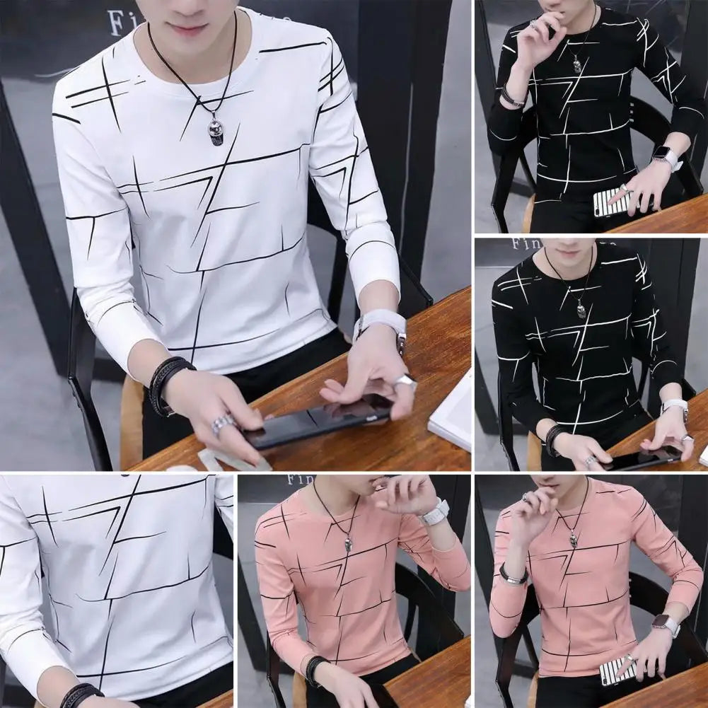 Crew Neck Men Top Men Long Sleeve T-shirt Soft Breathable Men's Long Sleeve T-shirt for Fall Spring Daily Wear Contrast Color