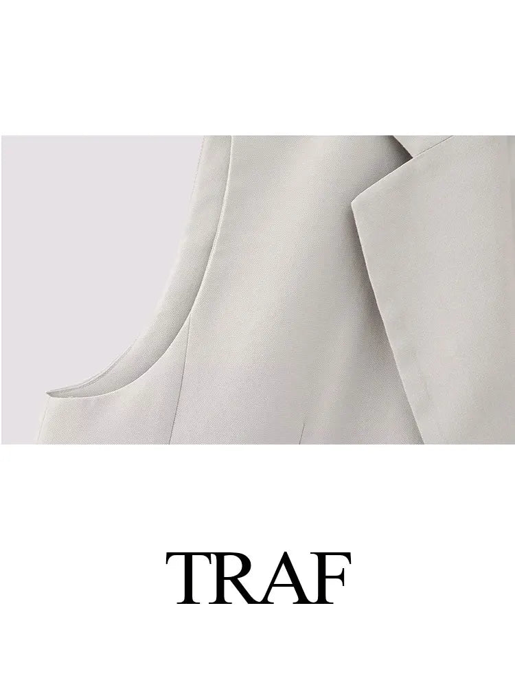 TRAF 2023 Trend New Women Fashion Suits Back Slit Lapel Tops + With Button Decoration High Waist Office Lady Mujer Long Pants