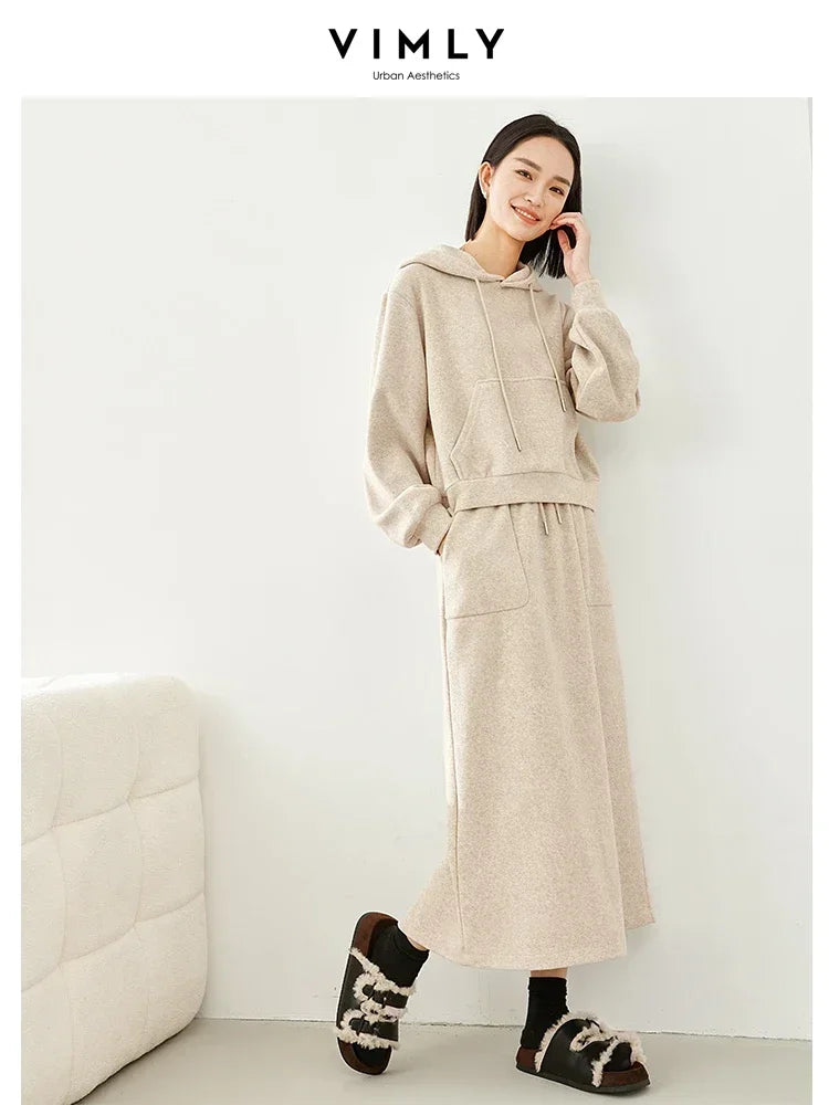 Vimly Casual Hoodie and Skirt Women's Sets 2 Piece Outfits 2024 Spring Hooded Sweatshirts Split Maxi Skirt Matching Sets 30058