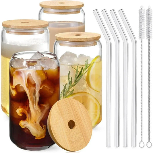 Drinking Glasses with Bamboo Lids and Glass Straw 4pcs Set - 16oz Can Shaped Glass Cups, Beer Glasses, Iced Coffee Glasses