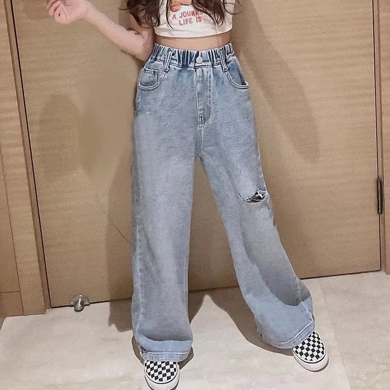 Teenage Girls Jeans Spring/Autumn Casual Fashion Loose Ripped Hole Kids Retro Korea Pants School Children Trousers 6 8 10 12 14Y