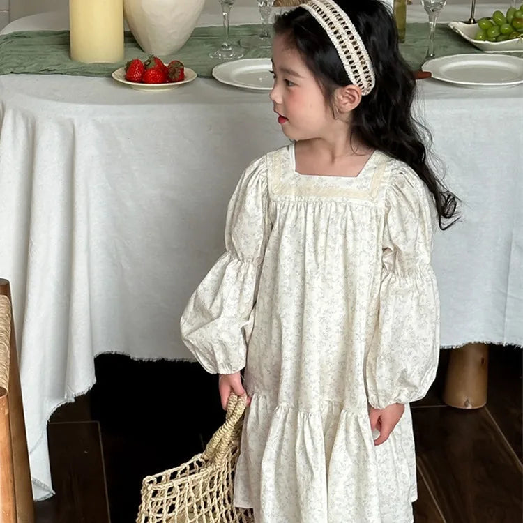 Children Clothing Girls Dress Spring 2024 New Fashionable Girls Floral Puffle-sleeve Cotton Dress Lace French Style Dress