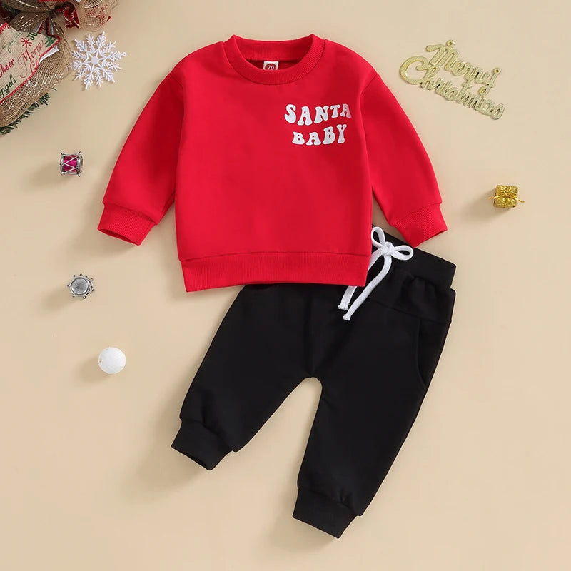 Toddler Baby Boy Christmas Outfits Santa Embroidery Sweatshirt Jumper Elastic Pants Newborn Infant Fall Winter Clothes