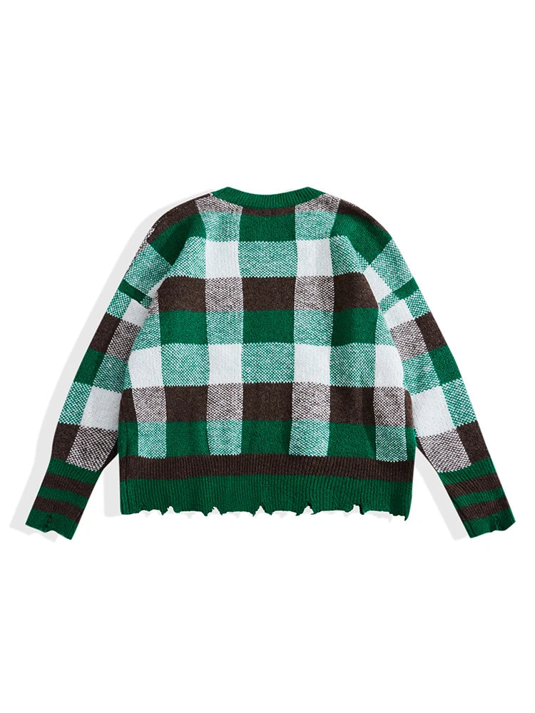 ONELINK Plus Size Women Autumn Winter Pullover Sweater Round Neck Row Hem Green White Black Plaid Oversize Knitwear Clothing