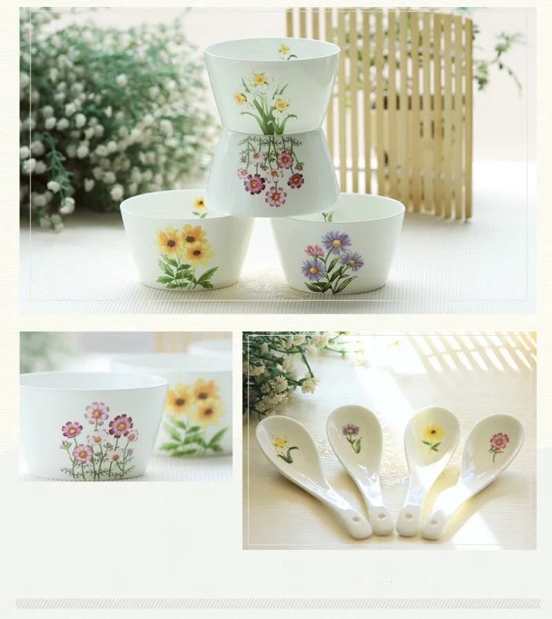 12pcs, fine bone china tableware, flower painting, korean style, porcelain dinner sets, ceramic kitchen dishes