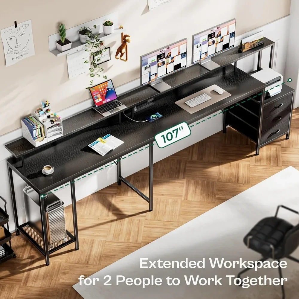 L Shaped Gaming Desk with LED Lights and Power Outlets, Computer Desk with 3 Drawers, 66.1 Inches Corner Desk